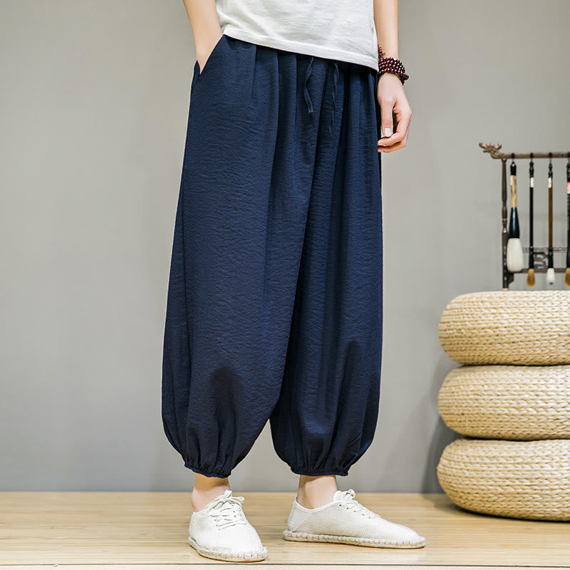 Pantaloni harem da uomo in cotone con coulisse, lunghezza caviglia , Buddha Stones Summer Plain, con tasche