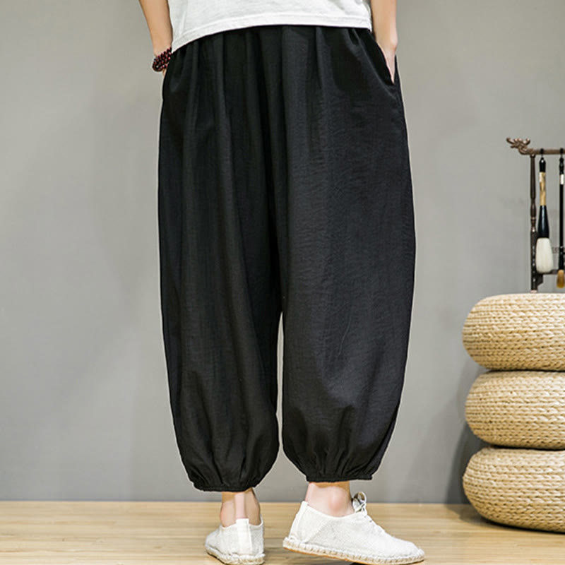 Pantaloni harem da uomo in cotone con coulisse, lunghezza caviglia , Buddha Stones Summer Plain, con tasche