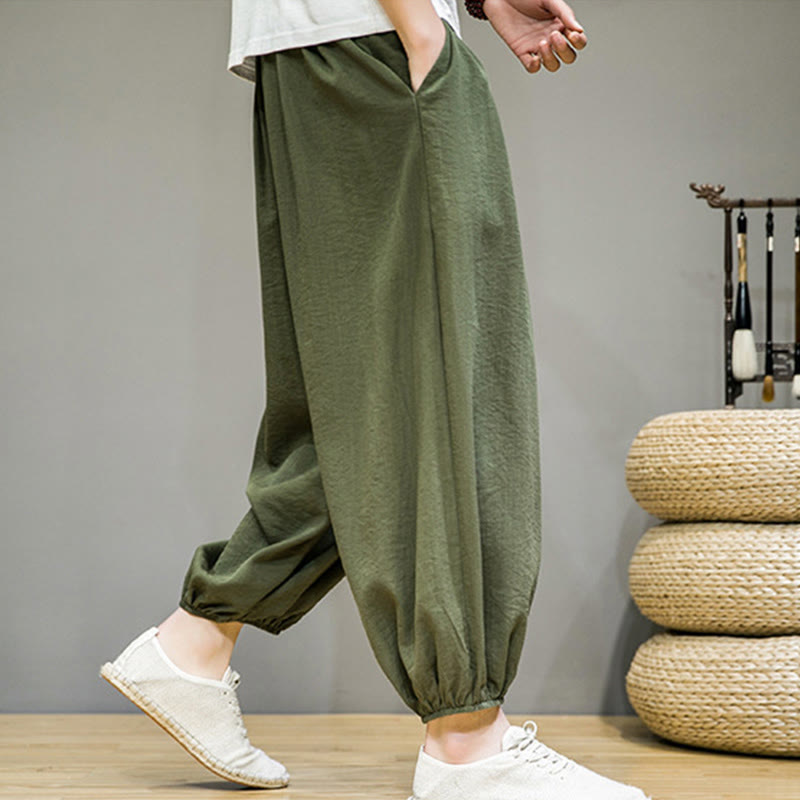 Pantaloni harem da uomo in cotone con coulisse, lunghezza caviglia , Buddha Stones Summer Plain, con tasche