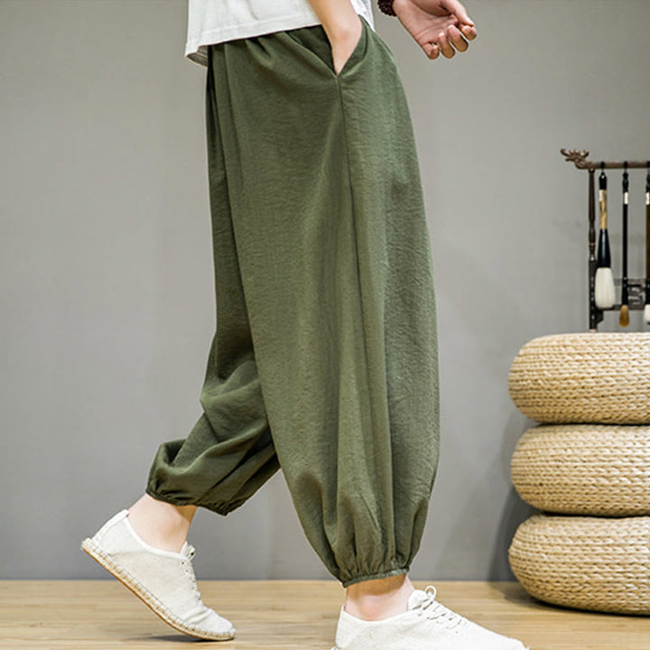 Pantaloni harem da uomo in cotone con coulisse, lunghezza caviglia , Buddha Stones Summer Plain, con tasche