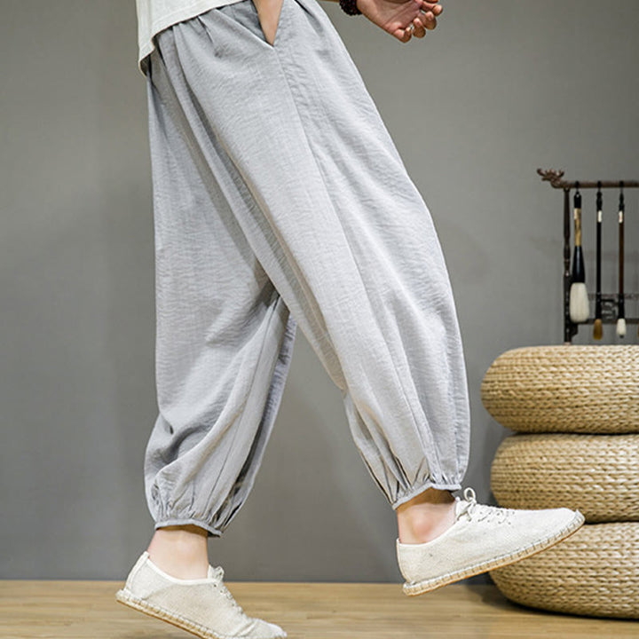 Pantaloni harem da uomo in cotone con coulisse, lunghezza caviglia , Buddha Stones Summer Plain, con tasche