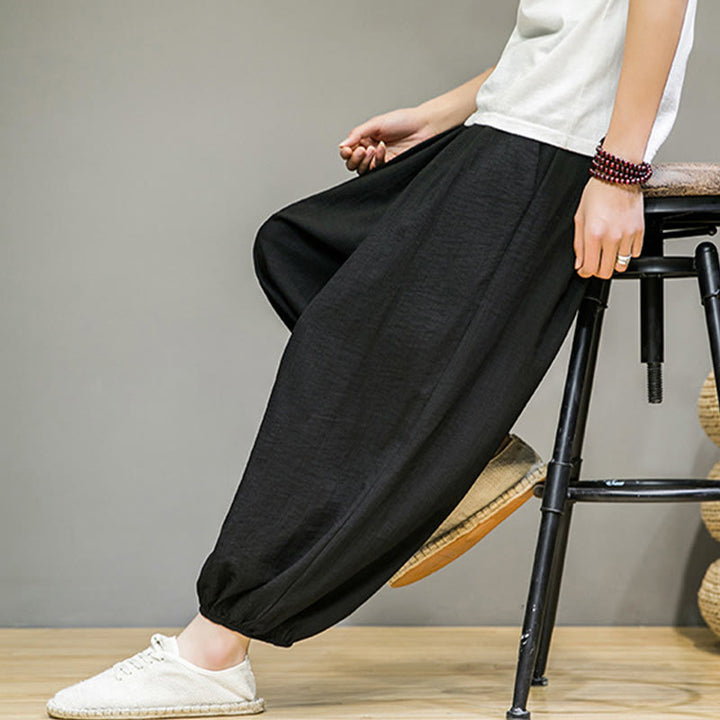 Pantaloni harem da uomo in cotone con coulisse, lunghezza caviglia , Buddha Stones Summer Plain, con tasche