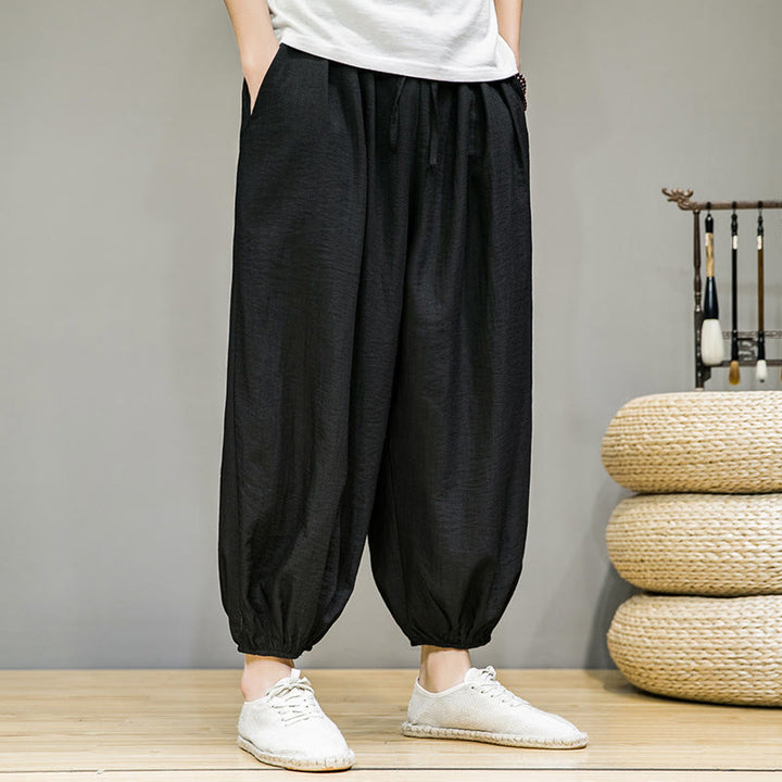 Pantaloni harem da uomo in cotone con coulisse, lunghezza caviglia , Buddha Stones Summer Plain, con tasche - Nero - US/UK/AU46, EU56 (5XL) - image 22