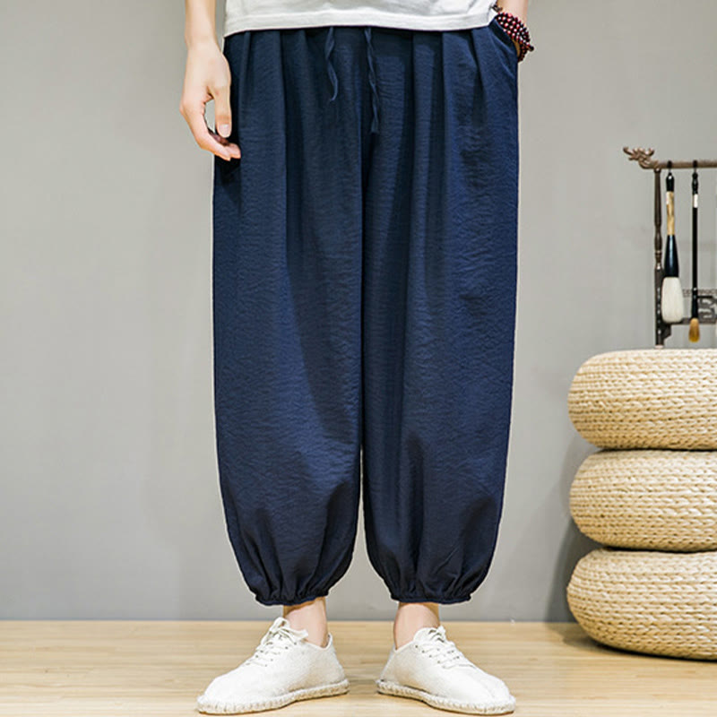Pantaloni harem da uomo in cotone con coulisse, lunghezza caviglia , Buddha Stones Summer Plain, con tasche
