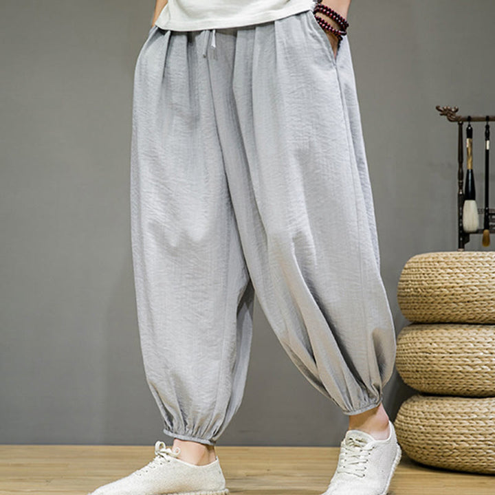 Pantaloni harem da uomo in cotone con coulisse, lunghezza caviglia , Buddha Stones Summer Plain, con tasche