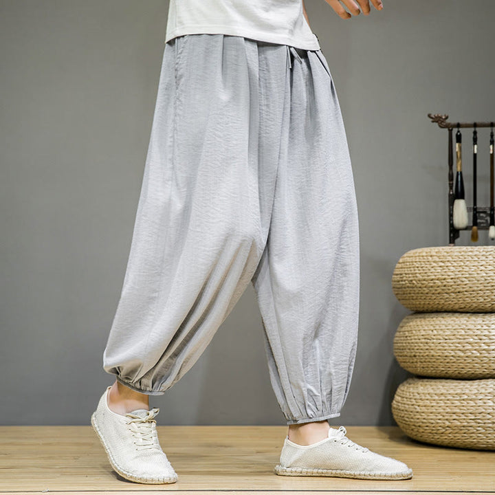 Pantaloni harem da uomo in cotone con coulisse, lunghezza caviglia , Buddha Stones Summer Plain, con tasche