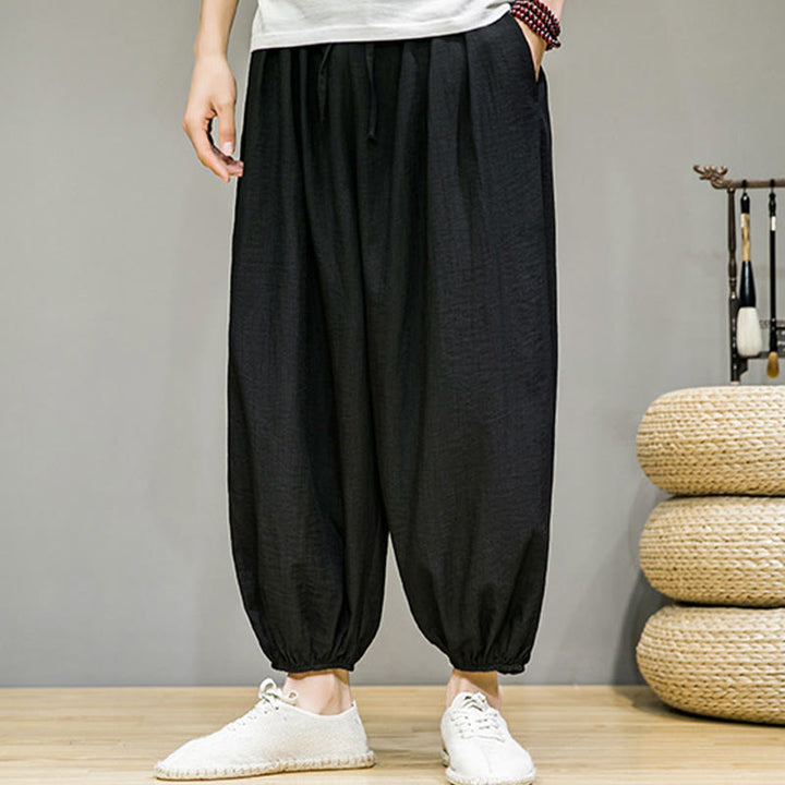 Pantaloni harem da uomo in cotone con coulisse, lunghezza caviglia , Buddha Stones Summer Plain, con tasche
