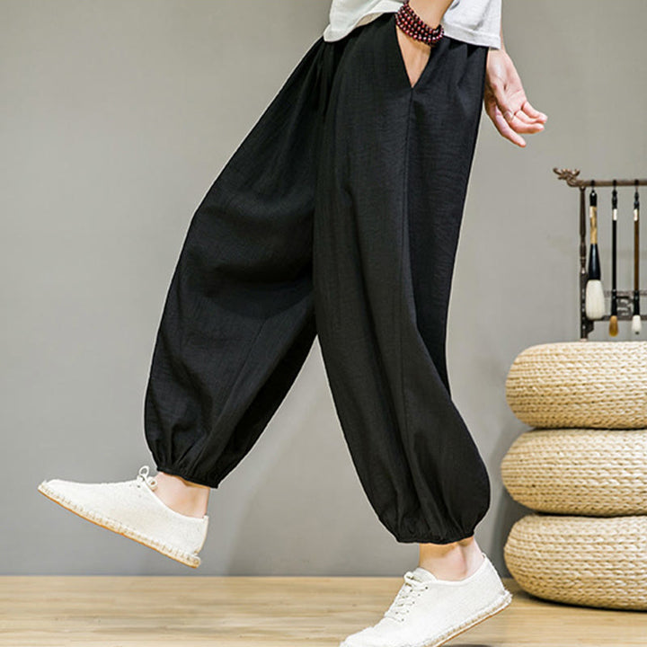 Pantaloni harem da uomo in cotone con coulisse, lunghezza caviglia , Buddha Stones Summer Plain, con tasche