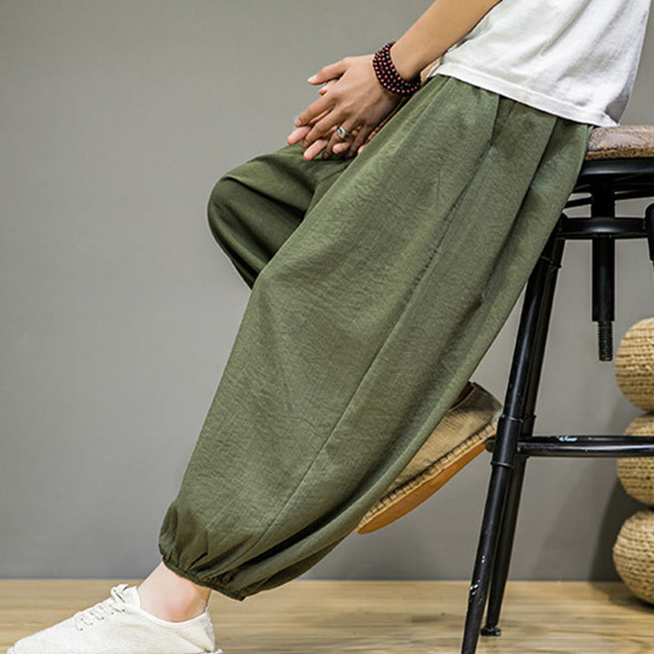 Pantaloni harem da uomo in cotone con coulisse, lunghezza caviglia , Buddha Stones Summer Plain, con tasche