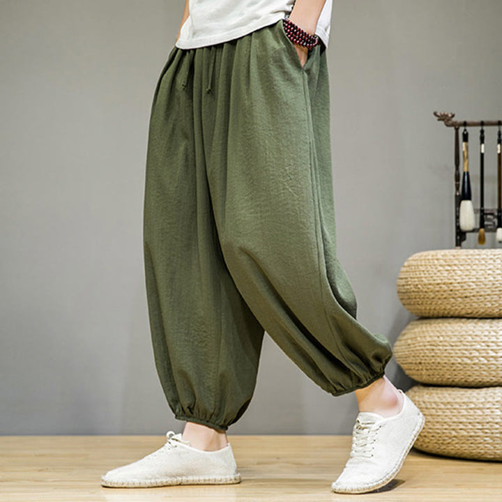 Pantaloni harem da uomo in cotone con coulisse, lunghezza caviglia , Buddha Stones Summer Plain, con tasche