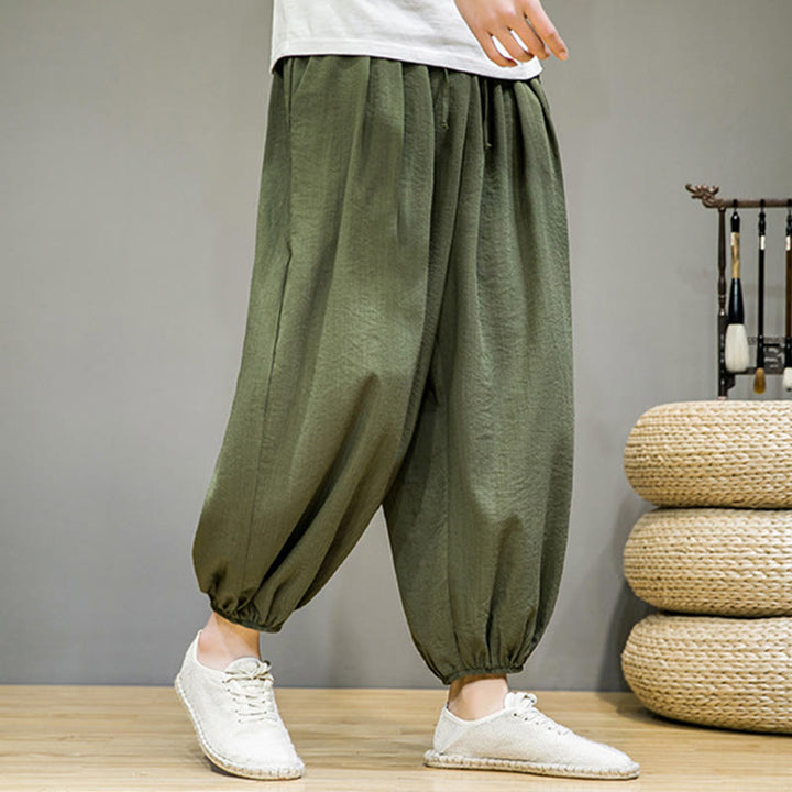 Pantaloni harem da uomo in cotone con coulisse, lunghezza caviglia , Buddha Stones Summer Plain, con tasche