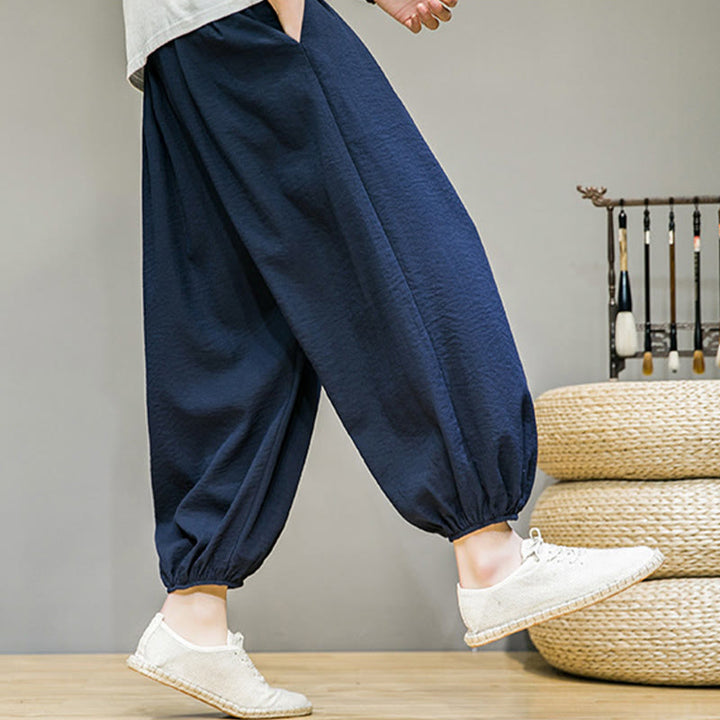Pantaloni harem da uomo in cotone con coulisse, lunghezza caviglia , Buddha Stones Summer Plain, con tasche