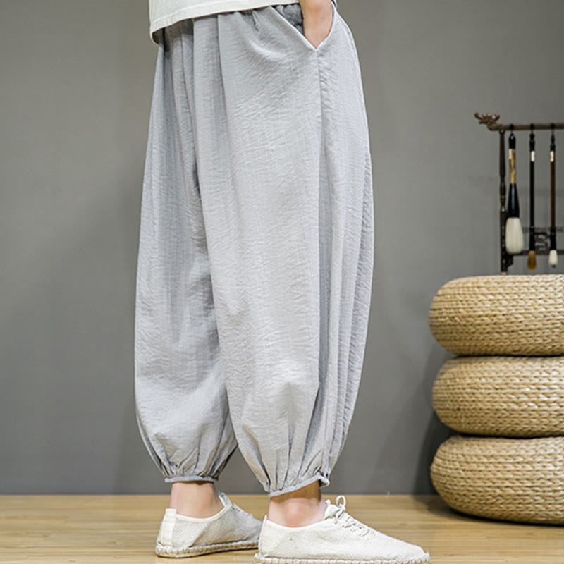 Pantaloni harem da uomo in cotone con coulisse, lunghezza caviglia , Buddha Stones Summer Plain, con tasche