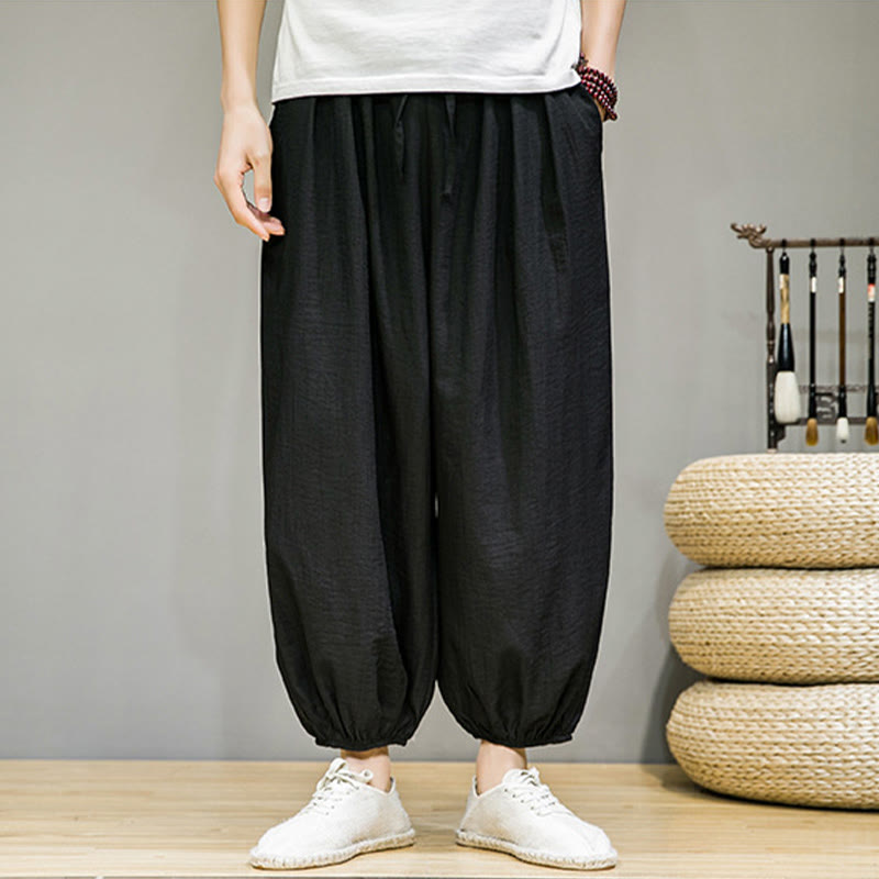 Pantaloni harem da uomo in cotone con coulisse, lunghezza caviglia , Buddha Stones Summer Plain, con tasche