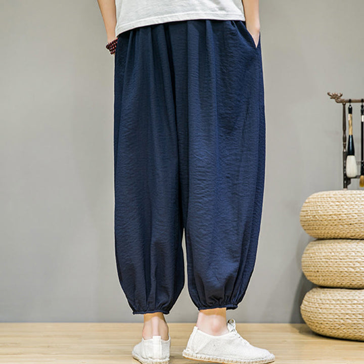 Pantaloni harem da uomo in cotone con coulisse, lunghezza caviglia , Buddha Stones Summer Plain, con tasche