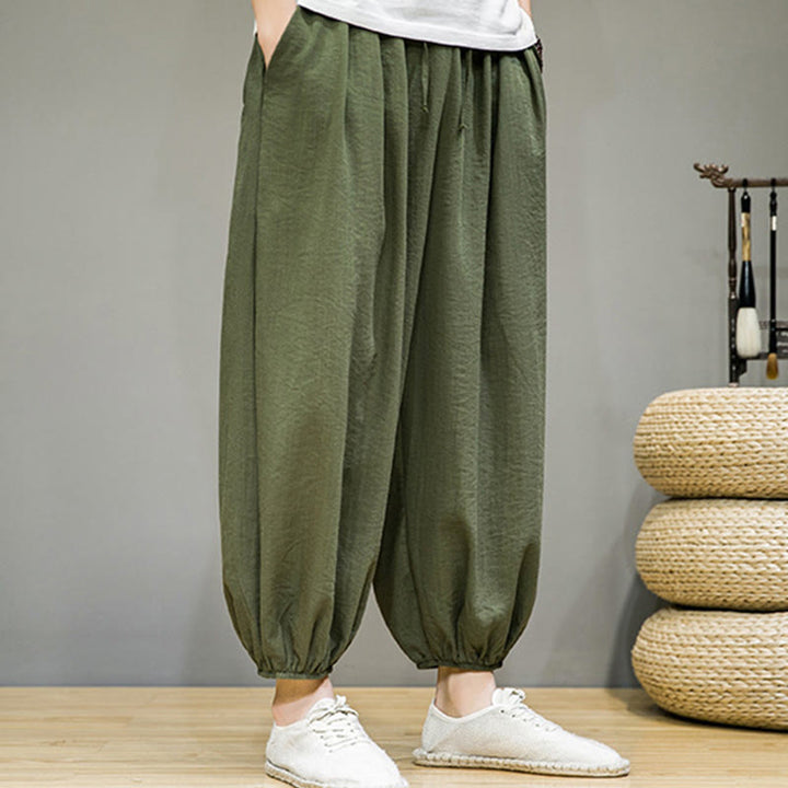 Pantaloni harem da uomo in cotone con coulisse, lunghezza caviglia , Buddha Stones Summer Plain, con tasche