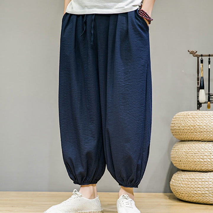 Pantaloni harem da uomo in cotone con coulisse, lunghezza caviglia , Buddha Stones Summer Plain, con tasche - image 1