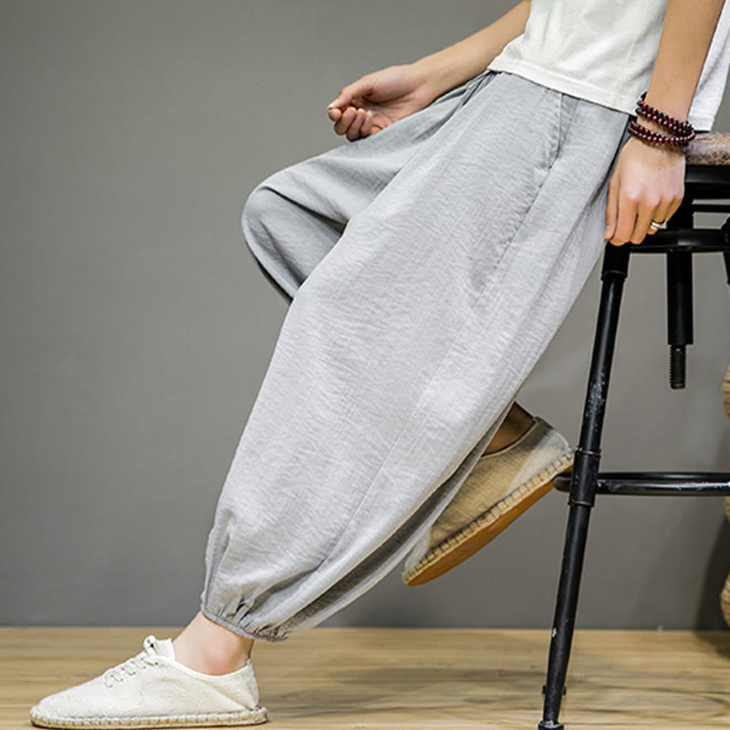 Pantaloni harem da uomo in cotone con coulisse, lunghezza caviglia , Buddha Stones Summer Plain, con tasche