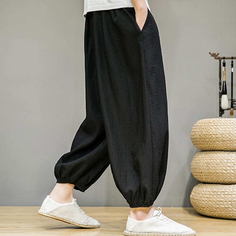 Pantaloni harem da uomo in cotone con coulisse, lunghezza caviglia , Buddha Stones Summer Plain, con tasche