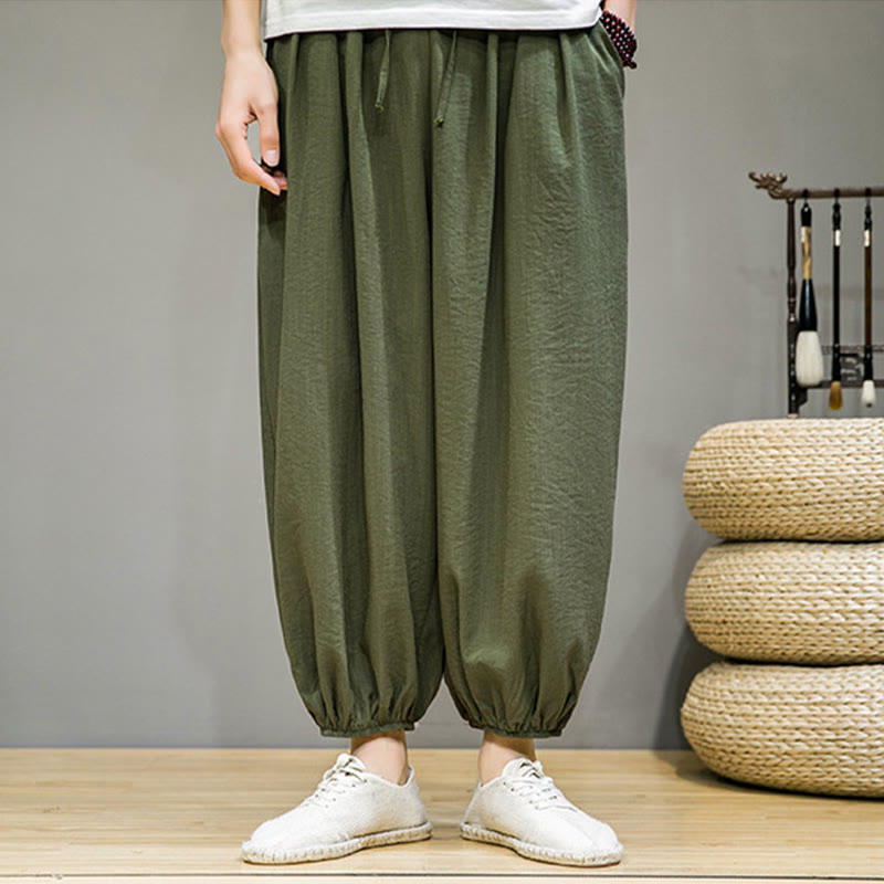Pantaloni harem da uomo in cotone con coulisse, lunghezza caviglia , Buddha Stones Summer Plain, con tasche