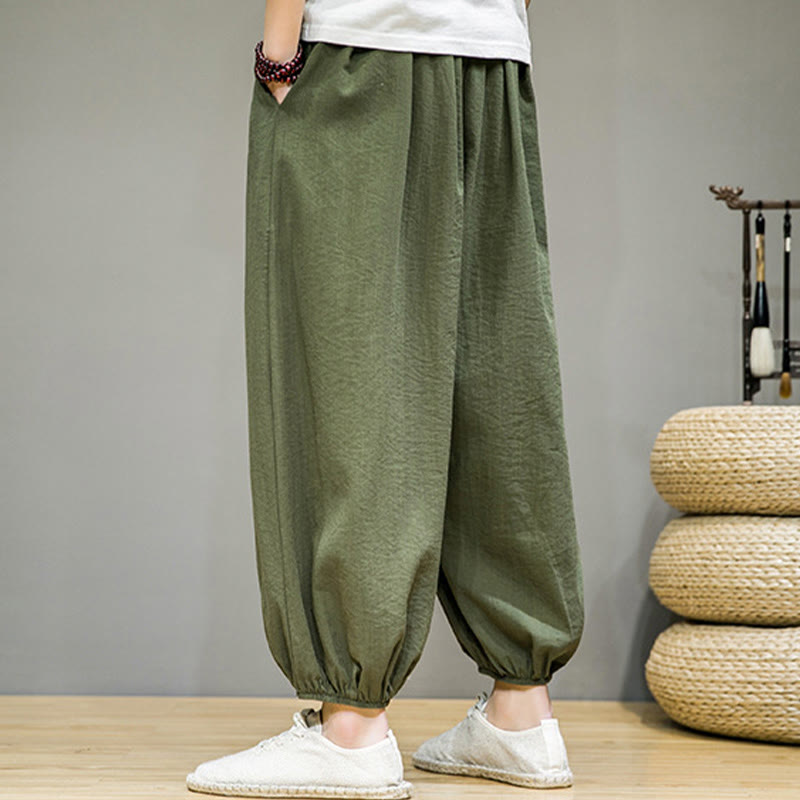 Pantaloni harem da uomo in cotone con coulisse, lunghezza caviglia , Buddha Stones Summer Plain, con tasche