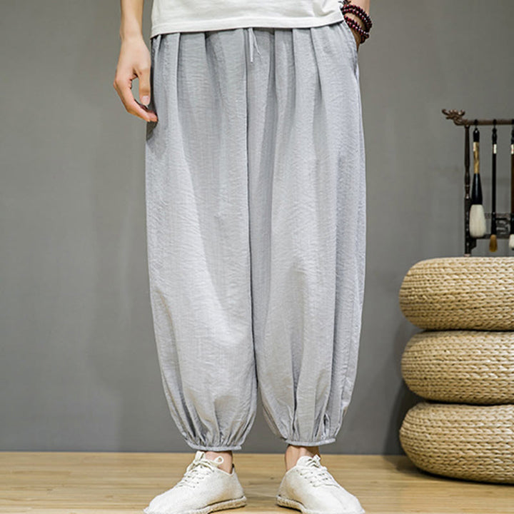 Pantaloni harem da uomo in cotone con coulisse, lunghezza caviglia , Buddha Stones Summer Plain, con tasche