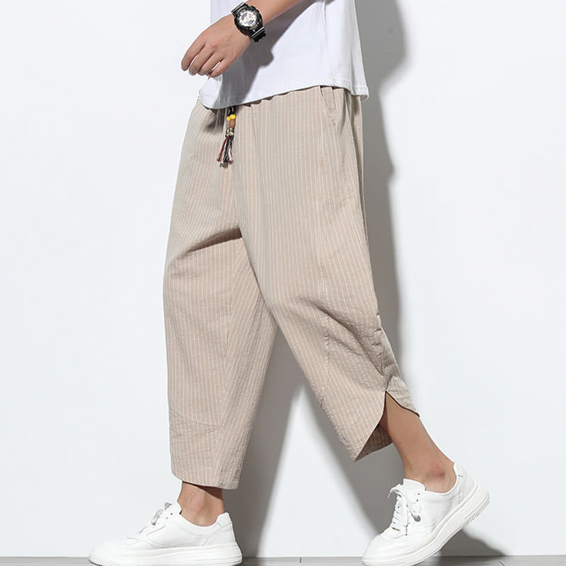 Pantaloni harem da uomo in cotone e lino con coulisse, lunghezza 7-8, con tasche, motivo a strisce estive Buddha Stones