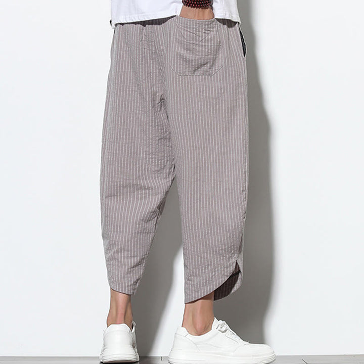 Pantaloni harem da uomo in cotone e lino con coulisse, lunghezza 7-8, con tasche, motivo a strisce estive Buddha Stones