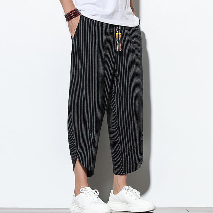 Pantaloni harem da uomo in cotone e lino con coulisse, lunghezza 7-8, con tasche, motivo a strisce estive Buddha Stones