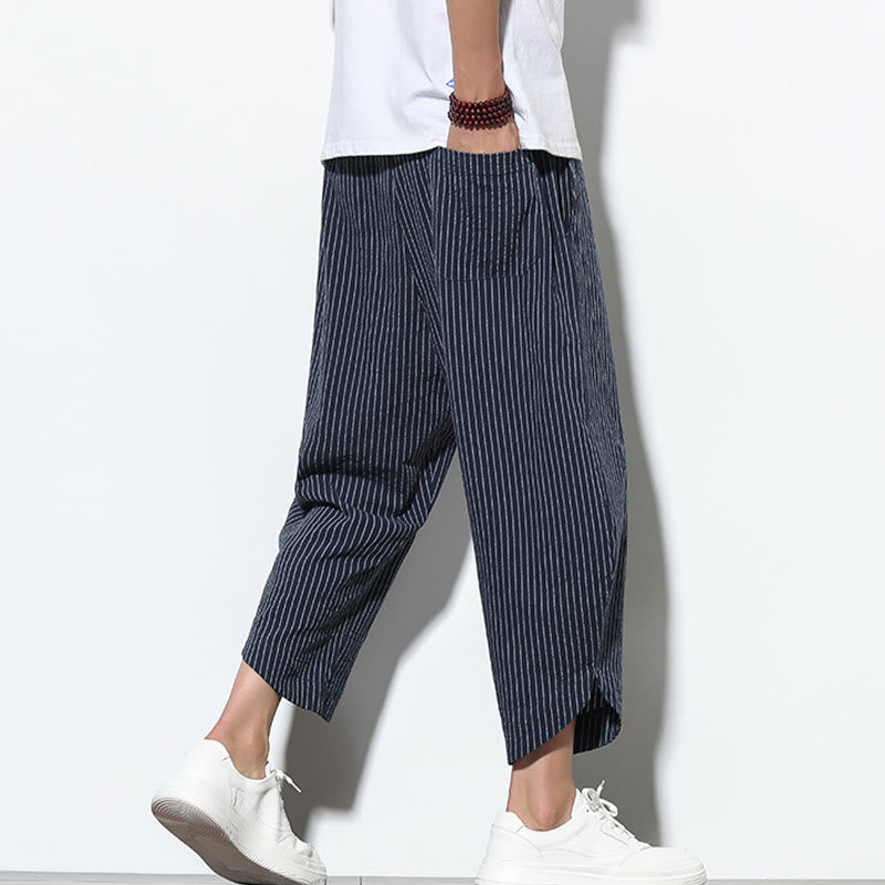 Pantaloni harem da uomo in cotone e lino con coulisse, lunghezza 7-8, con tasche, motivo a strisce estive Buddha Stones