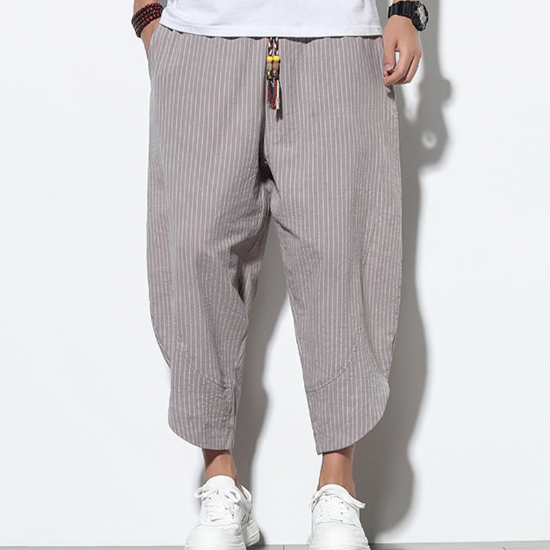 Pantaloni harem da uomo in cotone e lino con coulisse, lunghezza 7-8, con tasche, motivo a strisce estive Buddha Stones