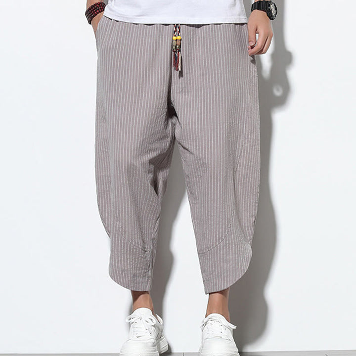 Pantaloni harem da uomo in cotone e lino con coulisse, lunghezza 7-8, con tasche, motivo a strisce estive Buddha Stones