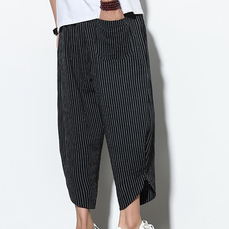 Pantaloni harem da uomo in cotone e lino con coulisse, lunghezza 7-8, con tasche, motivo a strisce estive Buddha Stones