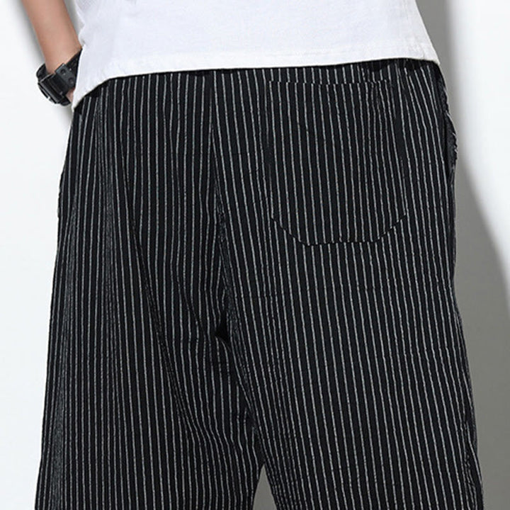 Pantaloni harem da uomo in cotone e lino con coulisse, lunghezza 7-8, con tasche, motivo a strisce estive Buddha Stones