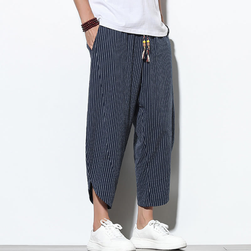 Pantaloni harem da uomo in cotone e lino con coulisse, lunghezza 7-8, con tasche, motivo a strisce estive Buddha Stones