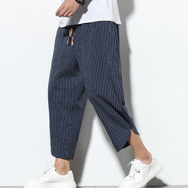 Pantaloni harem da uomo in cotone e lino con coulisse, lunghezza 7-8, con tasche, motivo a strisce estive Buddha Stones