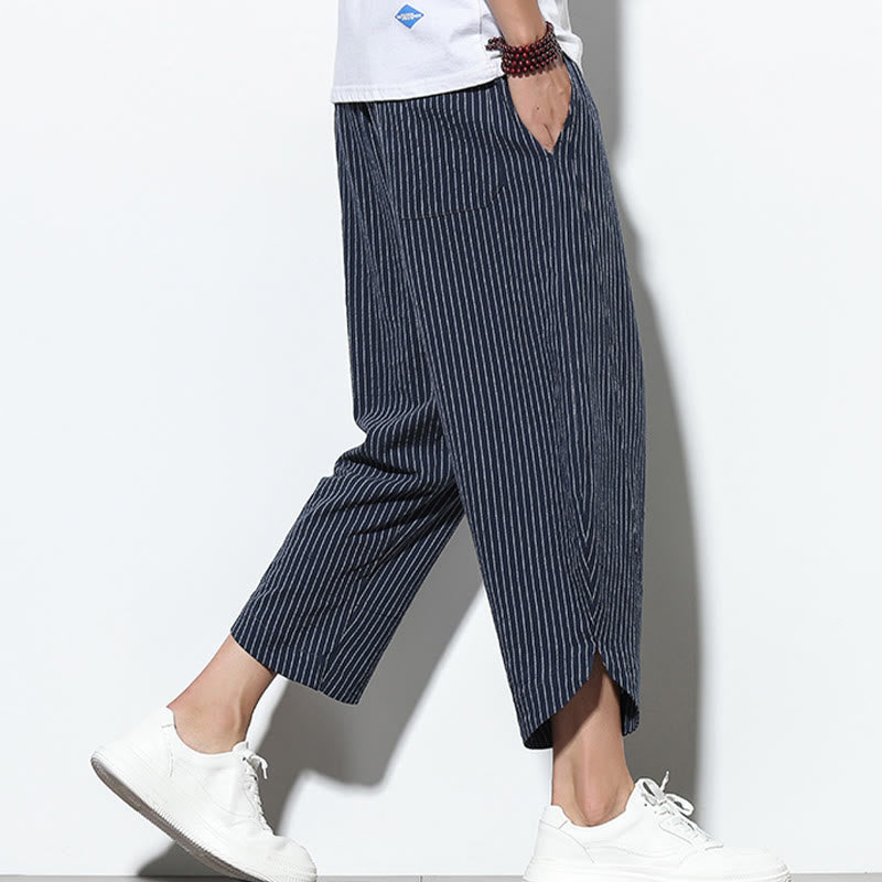 Pantaloni harem da uomo in cotone e lino con coulisse, lunghezza 7-8, con tasche, motivo a strisce estive Buddha Stones