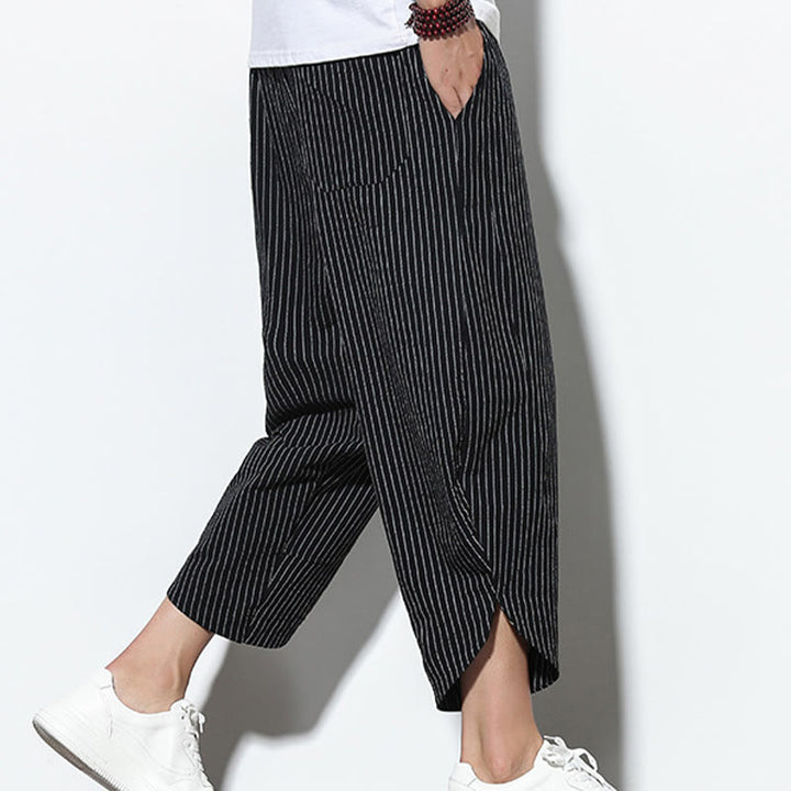 Pantaloni harem da uomo in cotone e lino con coulisse, lunghezza 7-8, con tasche, motivo a strisce estive Buddha Stones
