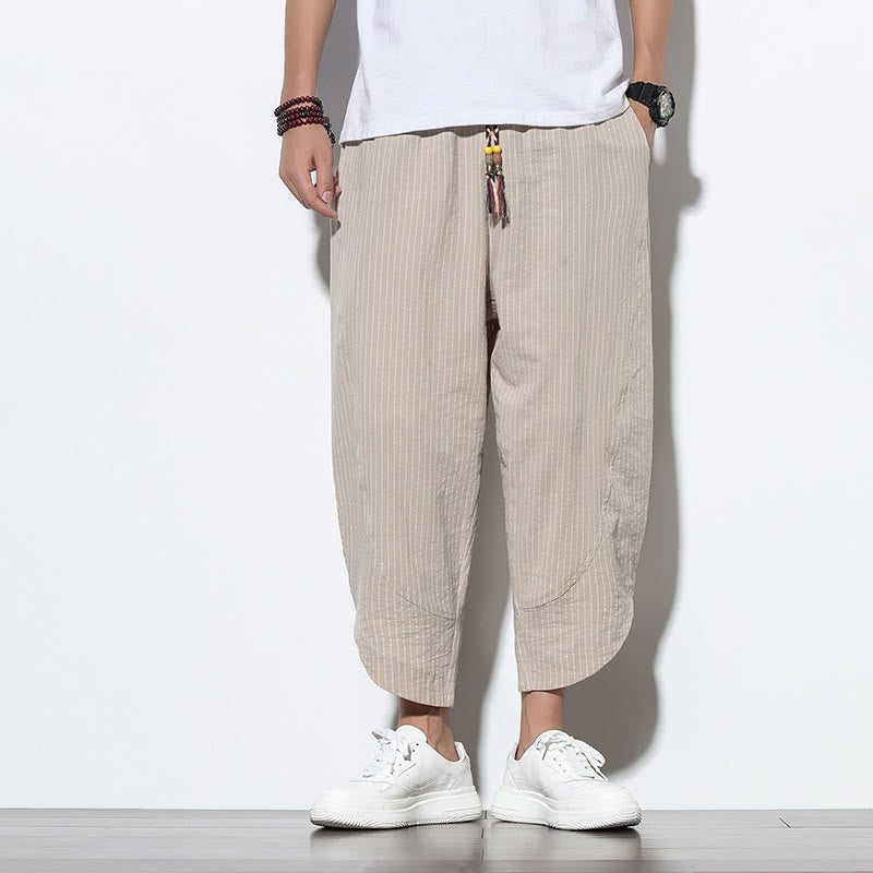 Pantaloni harem da uomo in cotone e lino con coulisse, lunghezza 7-8, con tasche, motivo a strisce estive Buddha Stones