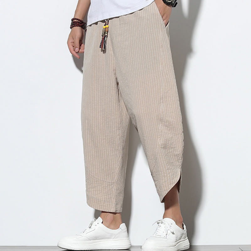 Pantaloni harem da uomo in cotone e lino con coulisse, lunghezza 7-8, con tasche, motivo a strisce estive Buddha Stones