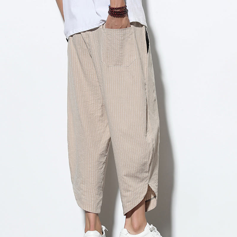 Pantaloni harem da uomo in cotone e lino con coulisse, lunghezza 7-8, con tasche, motivo a strisce estive Buddha Stones