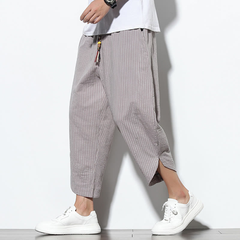 Pantaloni harem da uomo in cotone e lino con coulisse, lunghezza 7-8, con tasche, motivo a strisce estive Buddha Stones