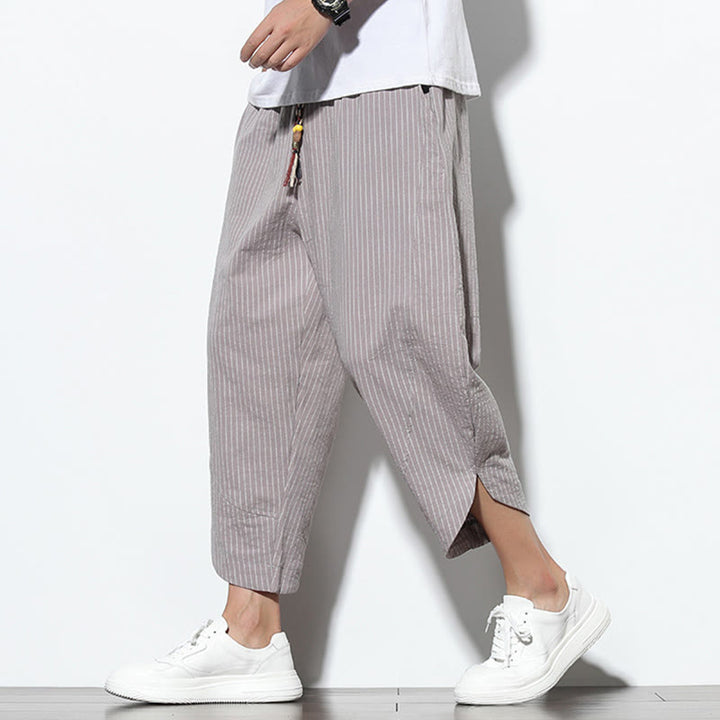 Pantaloni harem da uomo in cotone e lino con coulisse, lunghezza 7-8, con tasche, motivo a strisce estive Buddha Stones