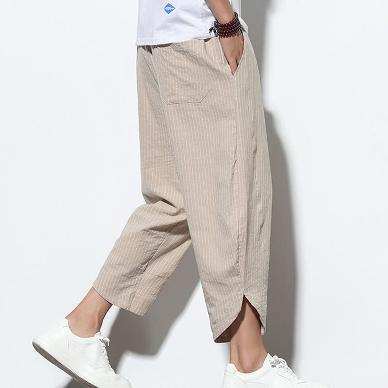 Pantaloni harem da uomo in cotone e lino con coulisse, lunghezza 7-8, con tasche, motivo a strisce estive Buddha Stones