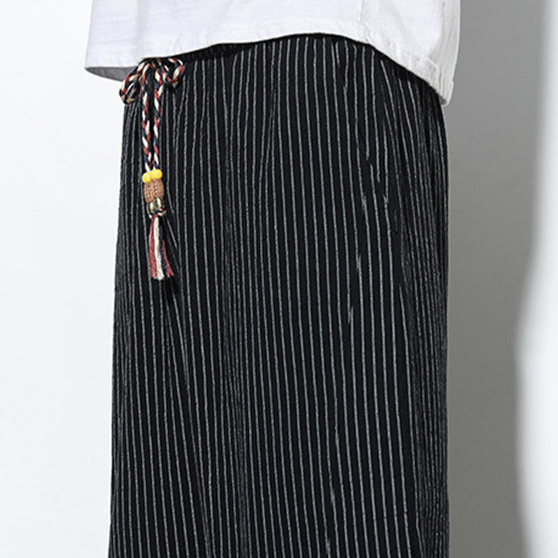 Pantaloni harem da uomo in cotone e lino con coulisse, lunghezza 7-8, con tasche, motivo a strisce estive Buddha Stones