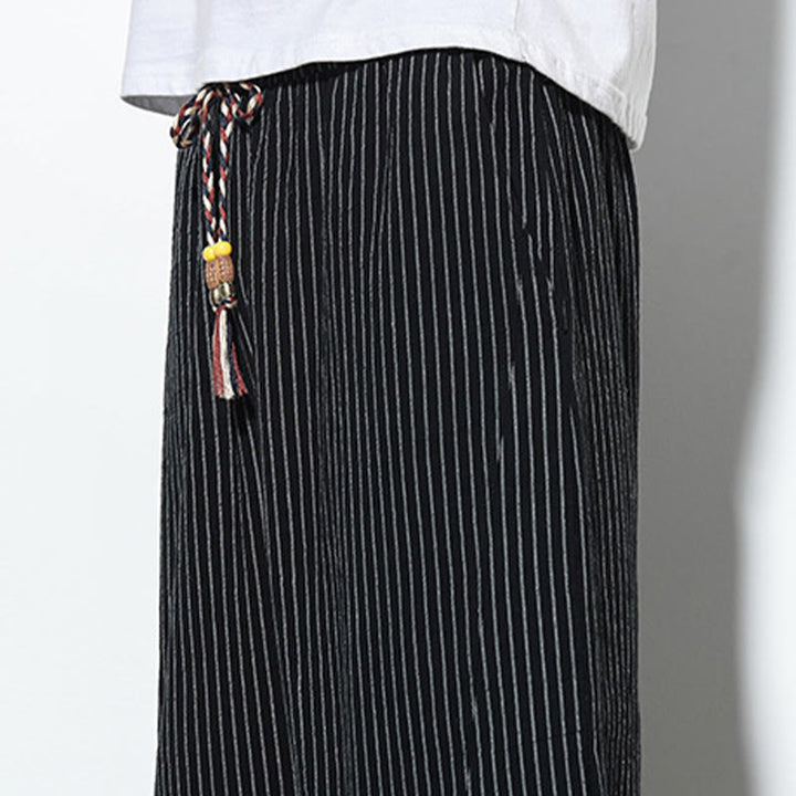 Pantaloni harem da uomo in cotone e lino con coulisse, lunghezza 7-8, con tasche, motivo a strisce estive Buddha Stones