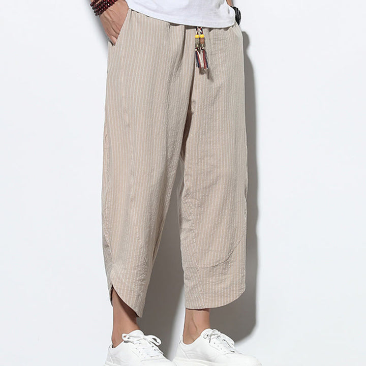 Pantaloni harem da uomo in cotone e lino con coulisse, lunghezza 7-8, con tasche, motivo a strisce estive Buddha Stones