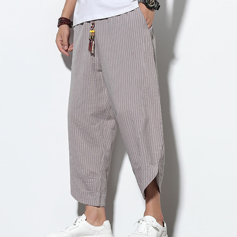 Pantaloni harem da uomo in cotone e lino con coulisse, lunghezza 7-8, con tasche, motivo a strisce estive Buddha Stones