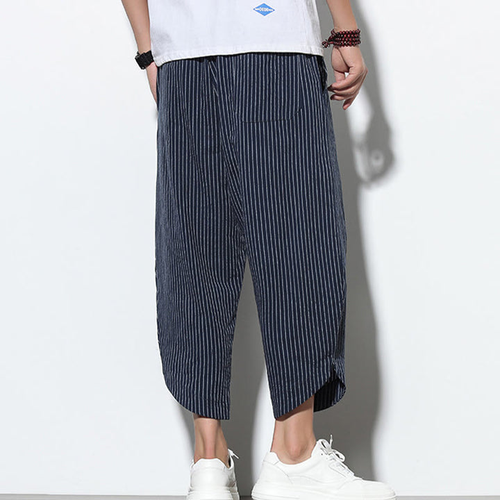 Pantaloni harem da uomo in cotone e lino con coulisse, lunghezza 7-8, con tasche, motivo a strisce estive Buddha Stones
