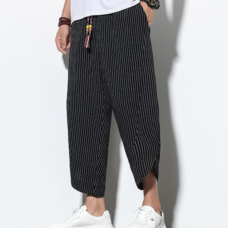 Pantaloni harem da uomo in cotone e lino con coulisse, lunghezza 7-8, con tasche, motivo a strisce estive Buddha Stones